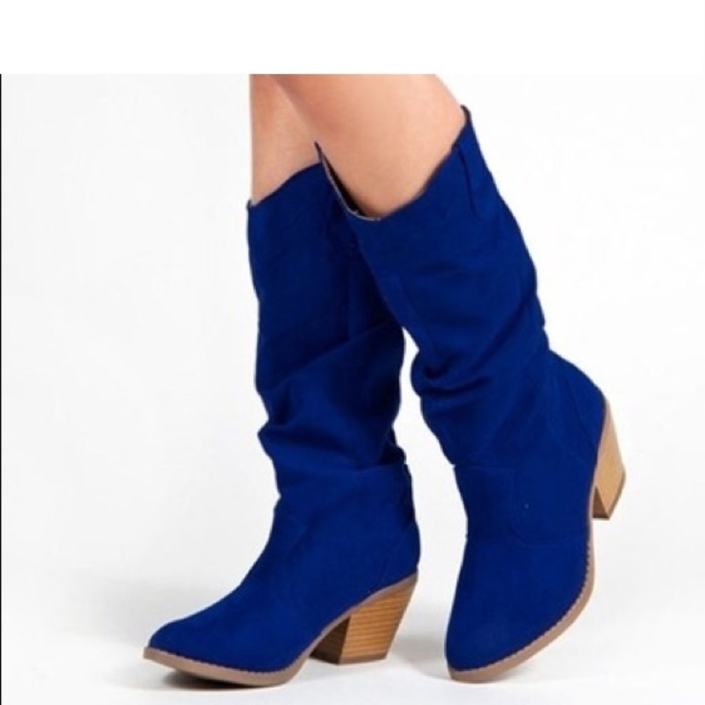 Qupid Bright Royal Blue SlouchType Heeled Boots